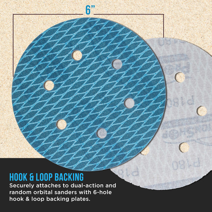 Premium 180 Grit 6" Rhombus Diamond Shape Blue Sanding Discs, 6-Hole, Box of 50 - Hook & Loop Anti-Clogging J-Cloth Dustless Sandpaper for Random Orbital Sanders, Sand Auto Paint, Wood