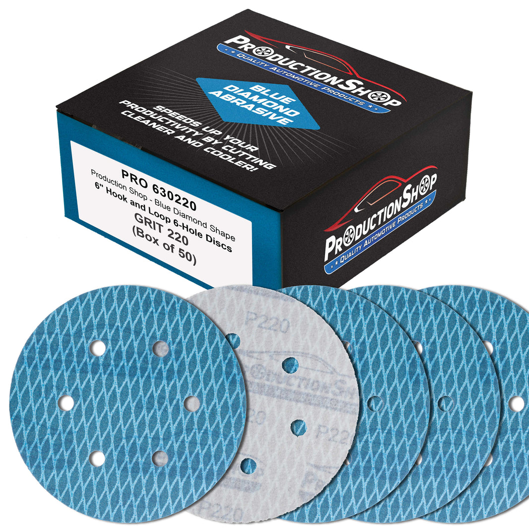Premium 220 Grit 6" Rhombus Diamond Shape Blue Sanding Discs, 6-Hole, Box of 50 - Hook & Loop Anti-Clogging J-Cloth Dustless Sandpaper for Random Orbital Sanders