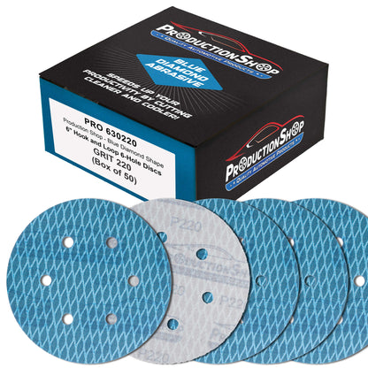 Premium 220 Grit 6" Rhombus Diamond Shape Blue Sanding Discs, 6-Hole, Box of 50 - Hook & Loop Anti-Clogging J-Cloth Dustless Sandpaper for Random Orbital Sanders