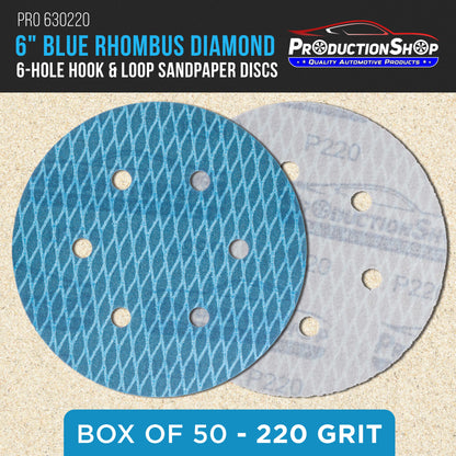 Premium 220 Grit 6" Rhombus Diamond Shape Blue Sanding Discs, 6-Hole, Box of 50 - Hook & Loop Anti-Clogging J-Cloth Dustless Sandpaper for Random Orbital Sanders