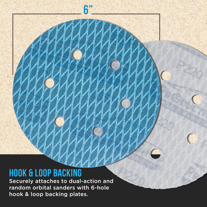 Premium 220 Grit 6" Rhombus Diamond Shape Blue Sanding Discs, 6-Hole, Box of 50 - Hook & Loop Anti-Clogging J-Cloth Dustless Sandpaper for Random Orbital Sanders