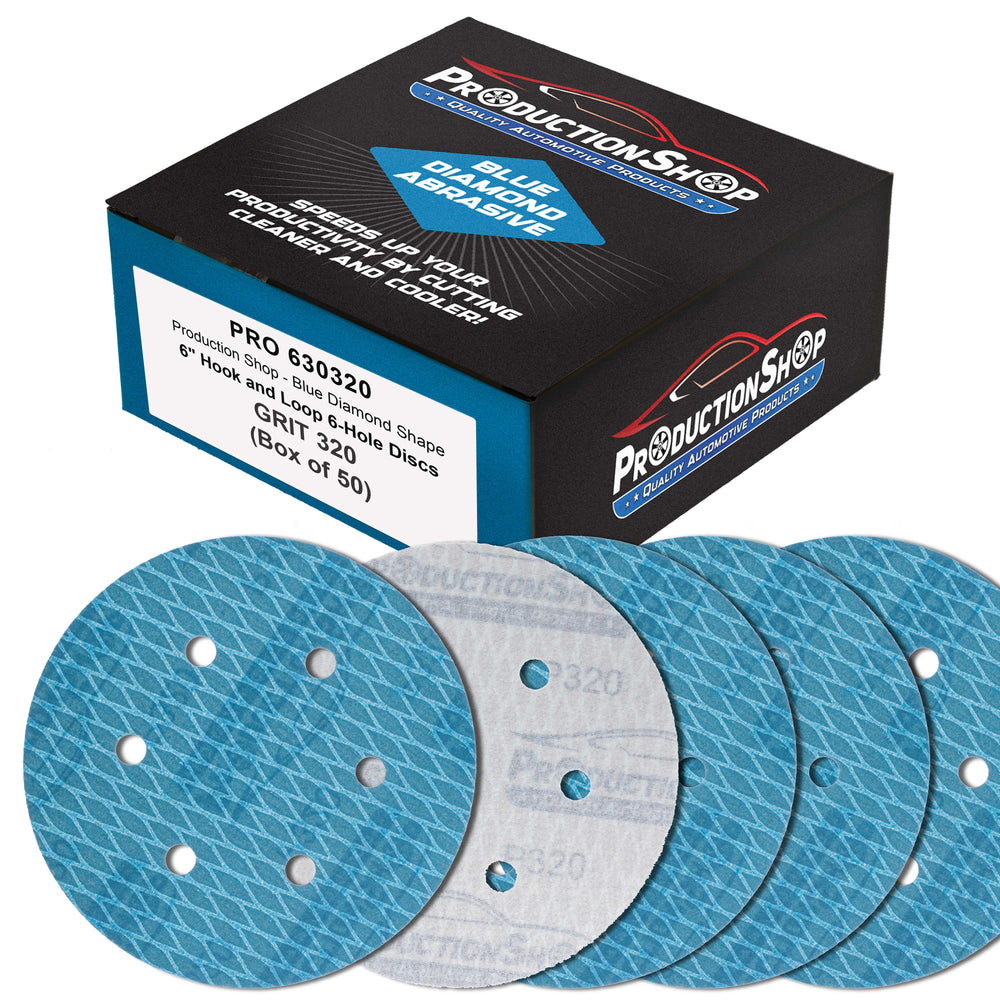 Premium 320 Grit 6" Rhombus Diamond Shape Blue Sanding Discs, 6-Hole, Box of 50 - Hook & Loop Anti-Clogging J-Cloth Dustless Sandpaper for Random Orbital Sanders, Sand Auto Paint, Wood