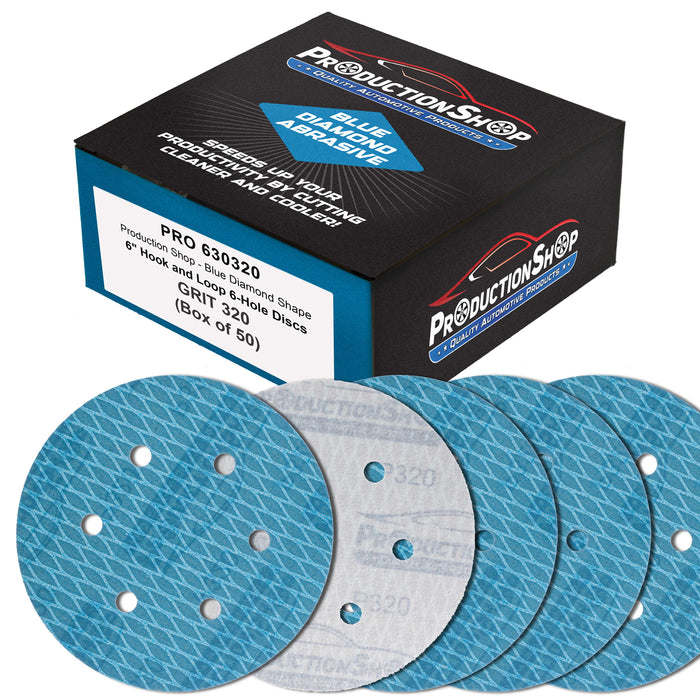 Premium 320 Grit 6" Rhombus Diamond Shape Blue Sanding Discs, 6-Hole, Box of 50 - Hook & Loop Anti-Clogging J-Cloth Dustless Sandpaper for Random Orbital Sanders, Sand Auto Paint, Wood