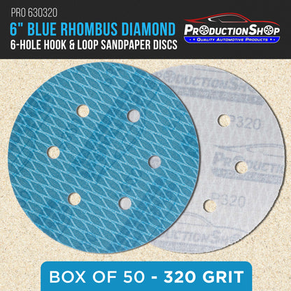 Premium 320 Grit 6" Rhombus Diamond Shape Blue Sanding Discs, 6-Hole, Box of 50 - Hook & Loop Anti-Clogging J-Cloth Dustless Sandpaper for Random Orbital Sanders