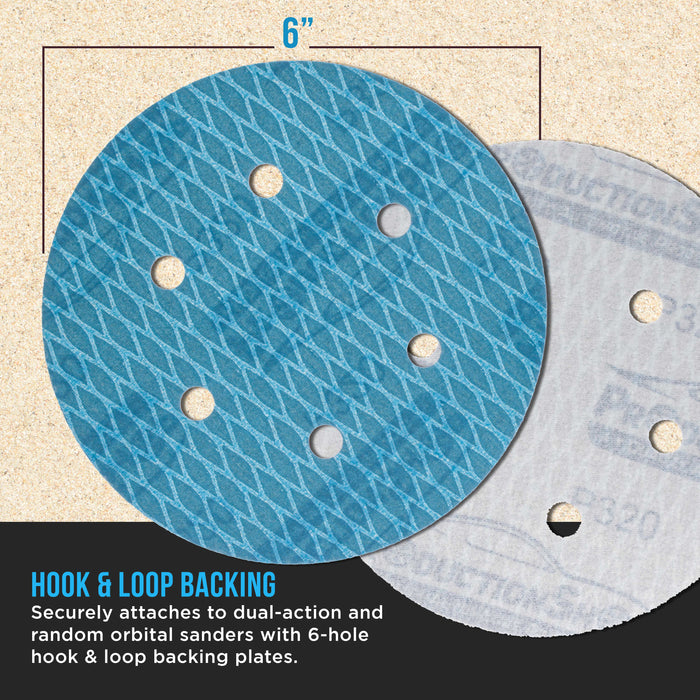 Premium 320 Grit 6" Rhombus Diamond Shape Blue Sanding Discs, 6-Hole, Box of 50 - Hook & Loop Anti-Clogging J-Cloth Dustless Sandpaper for Random Orbital Sanders, Sand Auto Paint, Wood