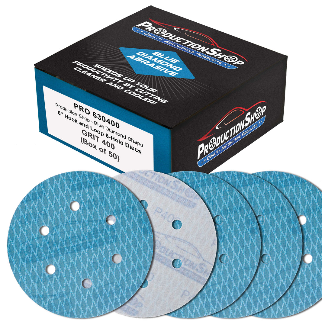 Premium 400 Grit 6" Rhombus Diamond Shape Blue Sanding Discs, 6-Hole, Box of 50 - Hook & Loop Anti-Clogging J-Cloth Dustless Sandpaper for Random Orbital Sanders