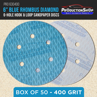Premium 400 Grit 6" Rhombus Diamond Shape Blue Sanding Discs, 6-Hole, Box of 50 - Hook & Loop Anti-Clogging J-Cloth Dustless Sandpaper for Random Orbital Sanders