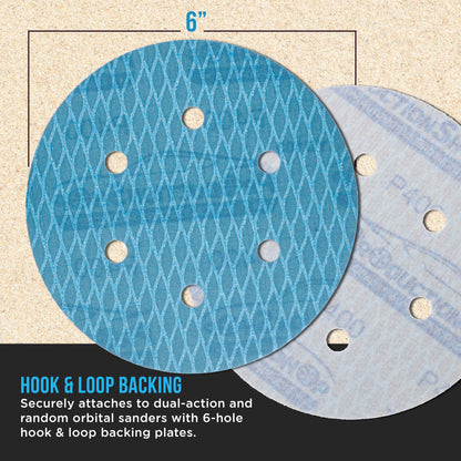 Premium 400 Grit 6" Rhombus Diamond Shape Blue Sanding Discs, 6-Hole, Box of 50 - Hook & Loop Anti-Clogging J-Cloth Dustless Sandpaper for Random Orbital Sanders