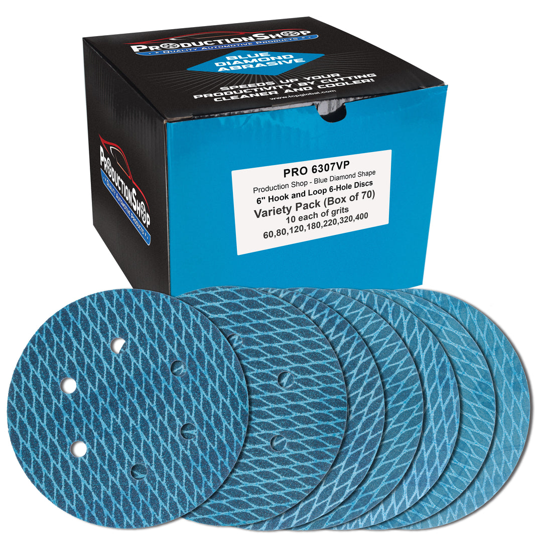 Premium 6" Rhombus Diamond Shape Blue Sanding Discs, 6-Hole, 70 Disc Variety Pack, Grits 60, 80, 120, 150, 180, 220, 320, 400 - Hook & Loop Sandpaper, Random Orbital Sanders