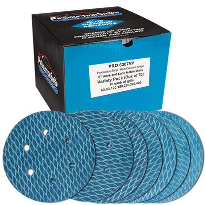 Premium 6" Rhombus Diamond Shape Blue Sanding Discs, 6-Hole, 70 Disc Variety Pack, Grits 60, 80, 120, 150, 180, 220, 320, 400 - Hook & Loop Sandpaper, Random Orbital Sanders