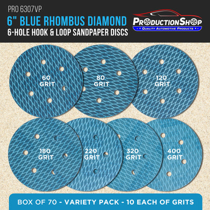 Premium 6" Rhombus Diamond Shape Blue Sanding Discs, 6-Hole, 70 Disc Variety Pack, Grits 60, 80, 120, 150, 180, 220, 320, 400 - Hook & Loop Sandpaper, Random Orbital Sanders