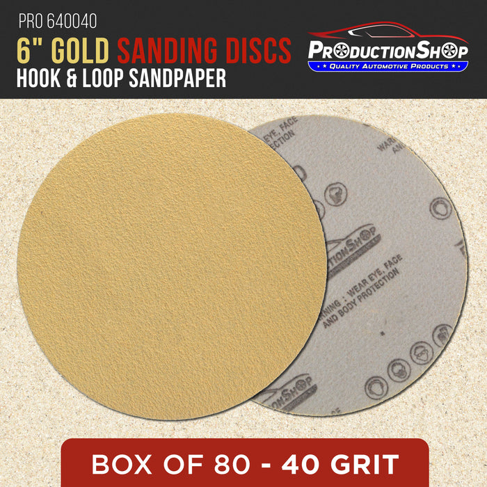 Premium 40 Grit 6" Gold Sanding Discs, Box of 80 - Hook & Loop Backing Abrasive Sandpaper for DA & Random Orbital Sanders - Sand Automotive Paint, Metal, Wood, Woodworking Furniture