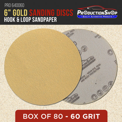 Premium 60 Grit 6" Gold Sanding Discs, Box of 80 - Hook & Loop Backing Abrasive Sandpaper for DA & Random Orbital Sanders