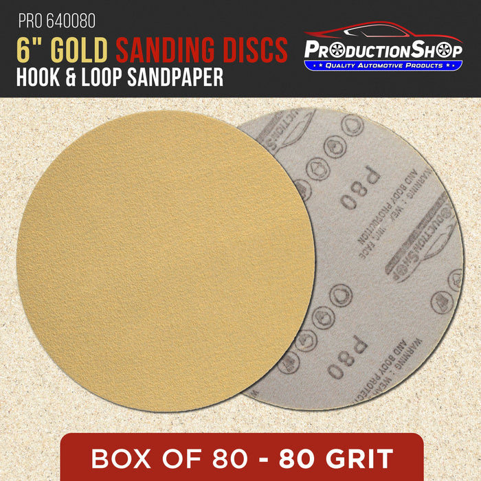 Premium 80 Grit 6" Gold Sanding Discs, Box of 100 - Hook & Loop Backing Abrasive Sandpaper for DA & Random Orbital Sanders - Sand Automotive Paint, Metal, Wood, Woodworking Furniture