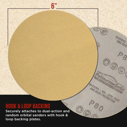 Premium 80 Grit 6" Gold Sanding Discs, Box of 100 - Hook & Loop Backing Abrasive Sandpaper for DA & Random Orbital Sanders