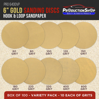 Premium 6" Gold Sanding Discs, 100 Disc Variety Pack, Grits 60, 80, 100, 120, 150, 180, 220, 320, 400, 600 - Hook & Loop Sandpaper, DA, Random Orbital Sander