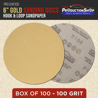Premium 100 Grit 6" Gold Sanding Discs, Box of 100 - Hook & Loop Backing Abrasive Sandpaper for DA & Random Orbital Sanders