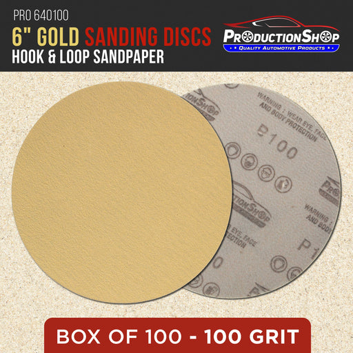 Premium 100 Grit 6" Gold Sanding Discs, Box of 100 - Hook & Loop Backing Abrasive Sandpaper for DA & Random Orbital Sanders - Sand Automotive Paint, Metal, Wood, Woodworking Furniture