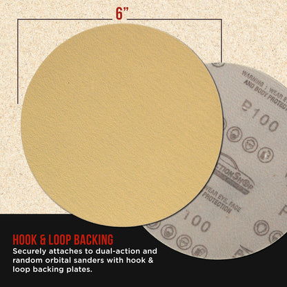 Premium 100 Grit 6" Gold Sanding Discs, Box of 100 - Hook & Loop Backing Abrasive Sandpaper for DA & Random Orbital Sanders