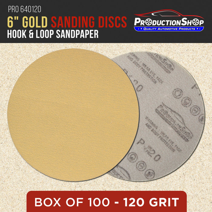 Premium 120 Grit 6" Gold Sanding Discs, Box of 100 - Hook & Loop Backing Abrasive Sandpaper for DA & Random Orbital Sanders - Sand Automotive Paint, Metal, Wood, Woodworking Furniture