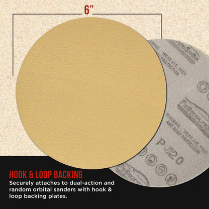 Premium 120 Grit 6" Gold Sanding Discs, Box of 100 - Hook & Loop Backing Abrasive Sandpaper for DA & Random Orbital Sanders