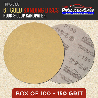 Premium 150 Grit 6" Gold Sanding Discs, Box of 100 - Hook & Loop Backing Abrasive Sandpaper for DA & Random Orbital Sanders