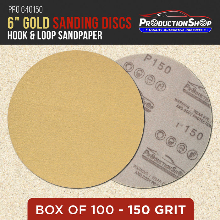 Premium 150 Grit 6" Gold Sanding Discs, Box of 100 - Hook & Loop Backing Abrasive Sandpaper for DA & Random Orbital Sanders - Sand Automotive Paint, Metal, Wood, Woodworking Furniture