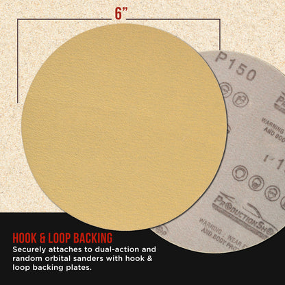 Premium 150 Grit 6" Gold Sanding Discs, Box of 100 - Hook & Loop Backing Abrasive Sandpaper for DA & Random Orbital Sanders