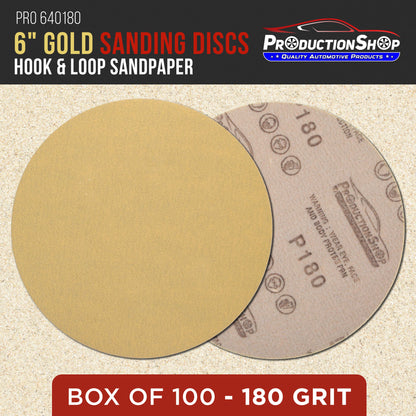 Premium 180 Grit 6" Gold Sanding Discs, Box of 100 - Hook & Loop Backing Abrasive Sandpaper for DA & Random Orbital Sanders