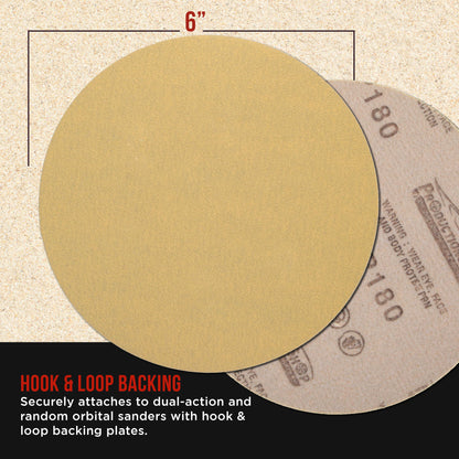 Premium 180 Grit 6" Gold Sanding Discs, Box of 100 - Hook & Loop Backing Abrasive Sandpaper for DA & Random Orbital Sanders