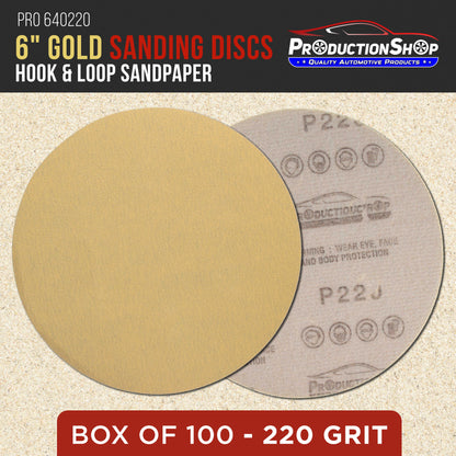 Premium 220 Grit 6" Gold Sanding Discs, Box of 100 - Hook & Loop Backing Abrasive Sandpaper for DA & Random Orbital Sanders