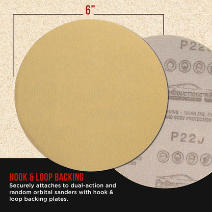 Premium 220 Grit 6" Gold Sanding Discs, Box of 100 - Hook & Loop Backing Abrasive Sandpaper for DA & Random Orbital Sanders
