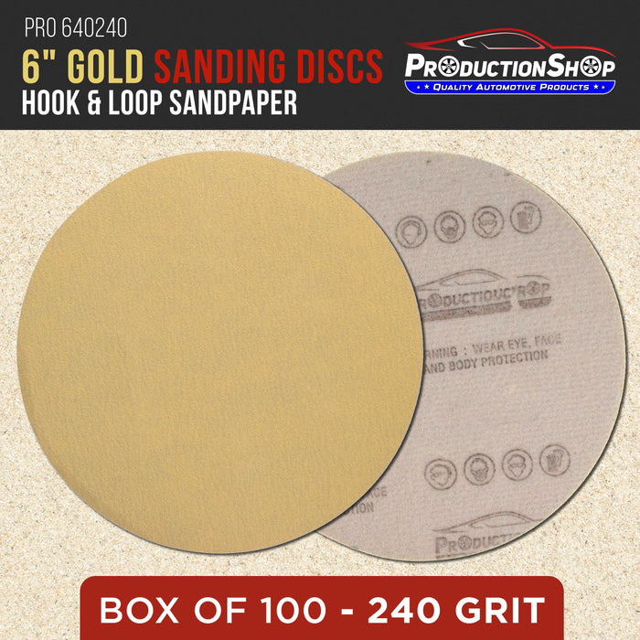 Premium 240 Grit 6" Gold Sanding Discs, Box of 100 - Hook & Loop Backing Abrasive Sandpaper for DA & Random Orbital Sanders - Sand Automotive Paint, Metal, Wood, Woodworking Furniture