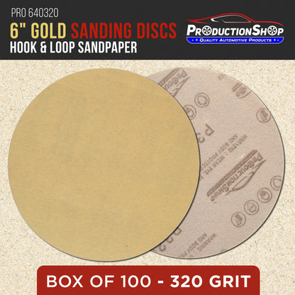 Premium 320 Grit 6" Gold Sanding Discs, Box of 100 - Hook & Loop Backing Abrasive Sandpaper for DA & Random Orbital Sanders