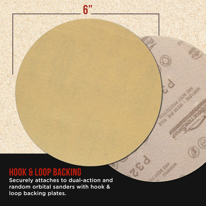Premium 320 Grit 6" Gold Sanding Discs, Box of 100 - Hook & Loop Backing Abrasive Sandpaper for DA & Random Orbital Sanders