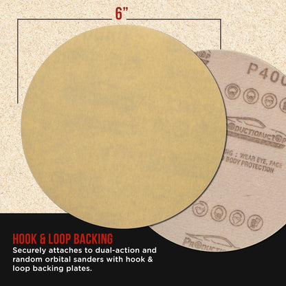 Premium 400 Grit 6" Gold Sanding Discs, Box of 100 - Hook & Loop Backing Abrasive Sandpaper for DA & Random Orbital Sanders