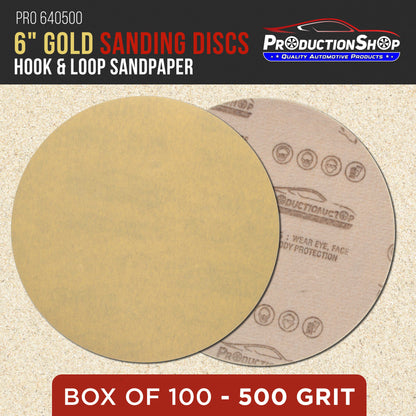 Premium 500 Grit 6" Gold Sanding Discs, Box of 100 - Hook & Loop Backing Abrasive Sandpaper for DA & Random Orbital Sanders