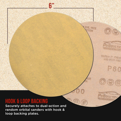 Premium 600 Grit 6" Gold Sanding Discs, Box of 100 - Hook & Loop Backing Abrasive Sandpaper for DA & Random Orbital Sanders