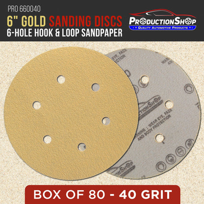 Premium 40 Grit 6" Gold Sanding Discs, 6-Hole Pattern, Box of 80 - Dustless Hook & Loop Backing Sandpaper for DA & Random Orbital Sanders Woodworking Furniture