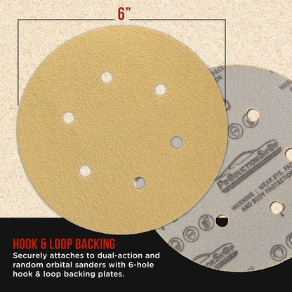 Premium 40 Grit 6" Gold Sanding Discs, 6-Hole Pattern, Box of 80 - Dustless Hook & Loop Backing Sandpaper for DA & Random Orbital Sanders Woodworking Furniture