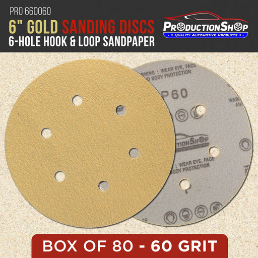 Premium 60 Grit 6" Gold Sanding Discs, 6-Hole Pattern, Box of 80 - Dustless Hook & Loop Backing Sandpaper for DA & Random Orbital Sanders, Sand Auto Paint, Wood Woodworking Furniture