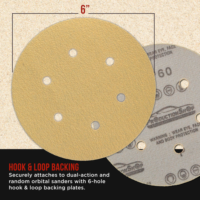 Premium 60 Grit 6" Gold Sanding Discs, 6-Hole Pattern, Box of 80 - Dustless Hook & Loop Backing Sandpaper for DA & Random Orbital Sanders, Sand Auto Paint, Wood Woodworking Furniture