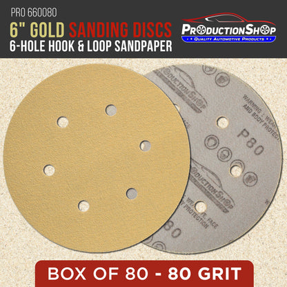 Premium 80 Grit 6" Gold Sanding Discs, 6-Hole Pattern, Box of 100 - Dustless Hook & Loop Backing Sandpaper for DA & Random Orbital Sanders Woodworking Furniture