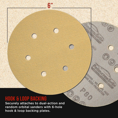 Premium 80 Grit 6" Gold Sanding Discs, 6-Hole Pattern, Box of 100 - Dustless Hook & Loop Backing Sandpaper for DA & Random Orbital Sanders Woodworking Furniture