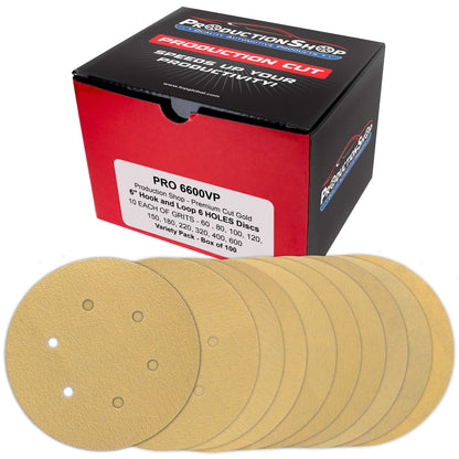 Premium 6" Gold Sanding Discs, 6-Hole Pattern, 100 Disc Variety Pack, Grits 60, 80, 100, 120, 150, 180, 220, 320, 400, 600 - Hook & Loop Sandpaper, DA, Random Orbital Sander