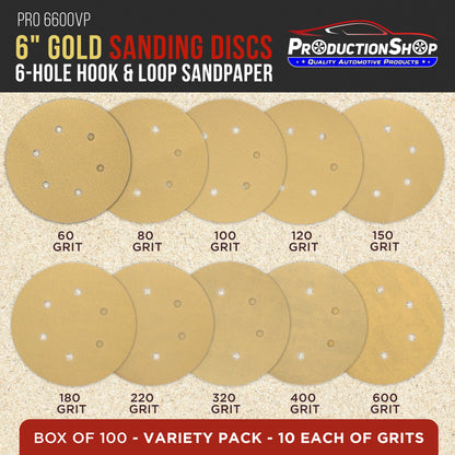 Premium 6" Gold Sanding Discs, 6-Hole Pattern, 100 Disc Variety Pack, Grits 60, 80, 100, 120, 150, 180, 220, 320, 400, 600 - Hook & Loop Sandpaper, DA, Random Orbital Sander