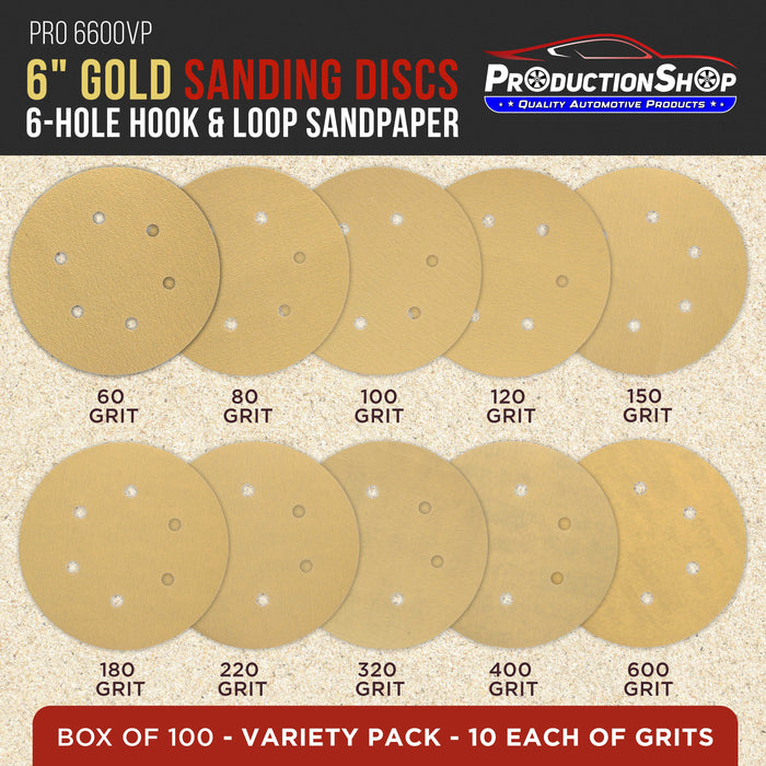 Premium 6" Gold Sanding Discs, 6-Hole Pattern, 100 Disc Variety Pack, Grits 60, 80, 100, 120, 150, 180, 220, 320, 400, 600 - Hook & Loop Sandpaper, DA, Random Orbital Sander, Auto Wood