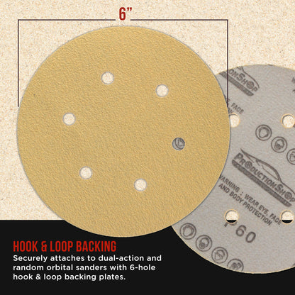 Premium 6" Gold Sanding Discs, 6-Hole Pattern, 100 Disc Variety Pack, Grits 60, 80, 100, 120, 150, 180, 220, 320, 400, 600 - Hook & Loop Sandpaper, DA, Random Orbital Sander