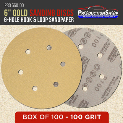Premium 100 Grit 6" Gold Sanding Discs, 6-Hole Pattern, Box of 100 - Dustless Hook & Loop Backing Sandpaper for DA & Random Orbital Sanders