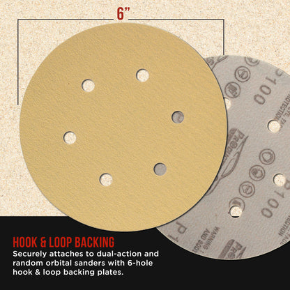 Premium 100 Grit 6" Gold Sanding Discs, 6-Hole Pattern, Box of 100 - Dustless Hook & Loop Backing Sandpaper for DA & Random Orbital Sanders